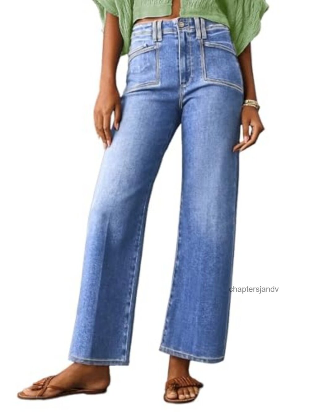 Wide Leg High Waisted Stretchy Denim Pants Button Front Pocket Casual Jeans